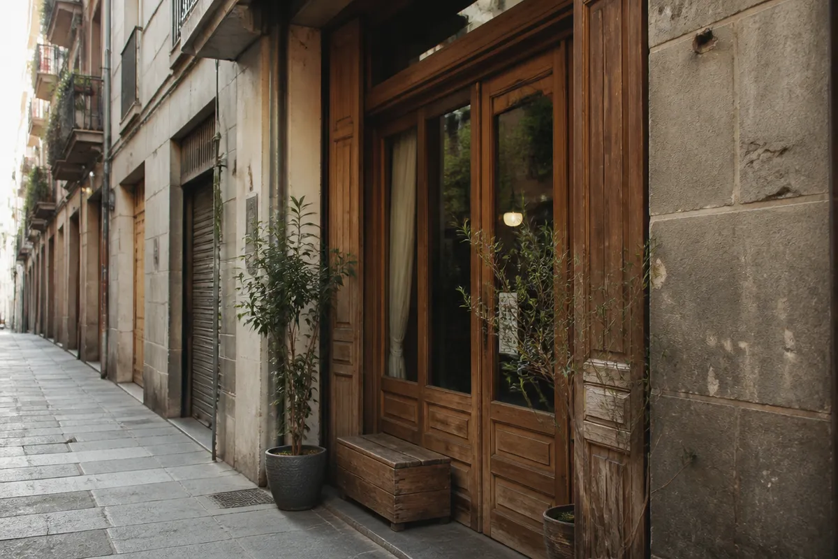 Fachada de piedra y madera en una calle estrecha tipo Riera Alta, Barcelona.