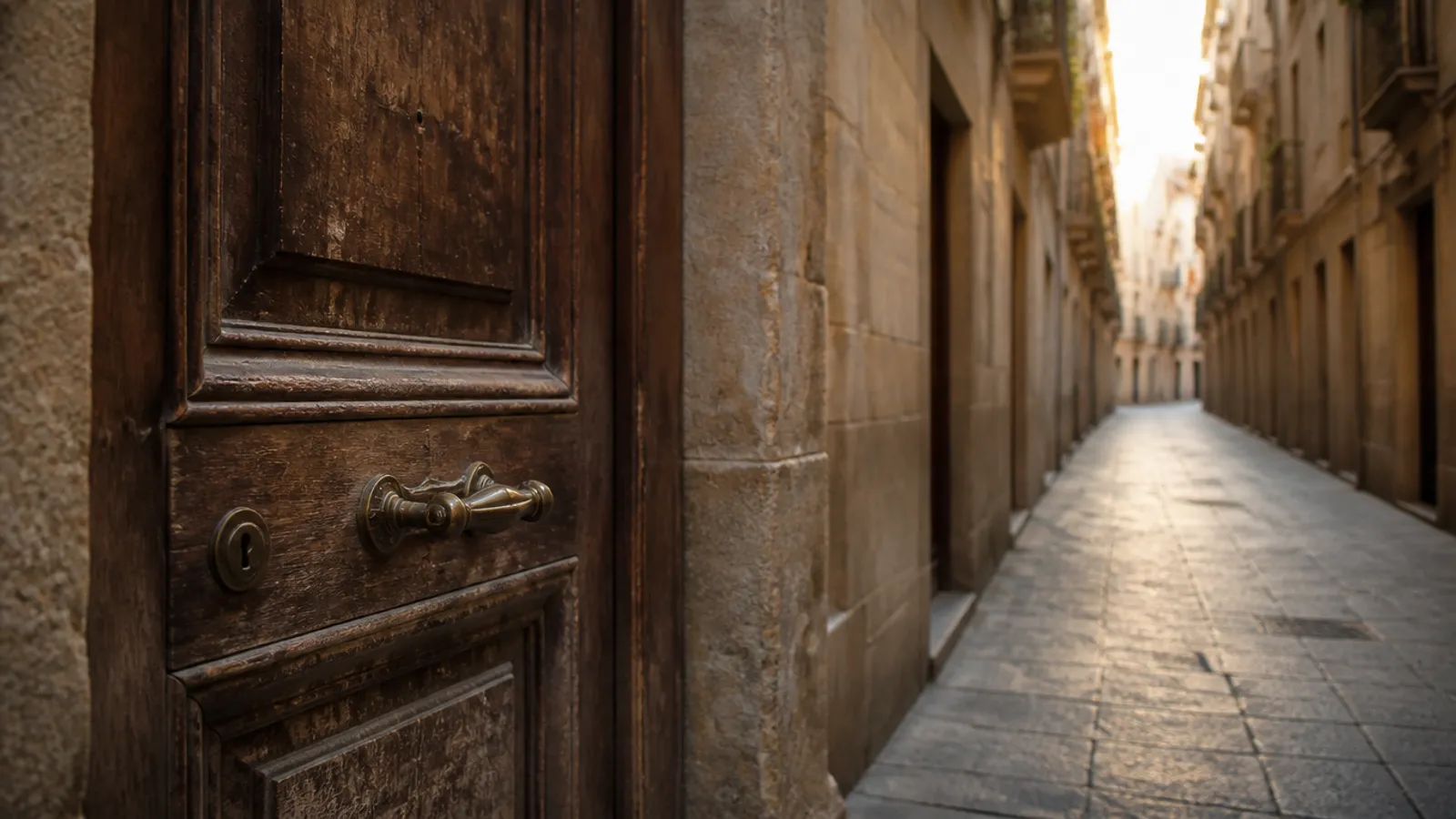 Puerta de madera y manilla de latón en un callejón de piedra de Ciutat Vella, Barcelona, al atardecer.